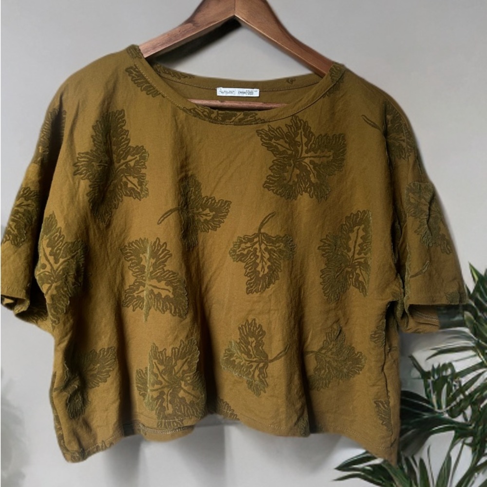 🍂 ZARA Woman Basic Mustard Leaf Texture Burnout Short Sleeve Crop Fall Top | L